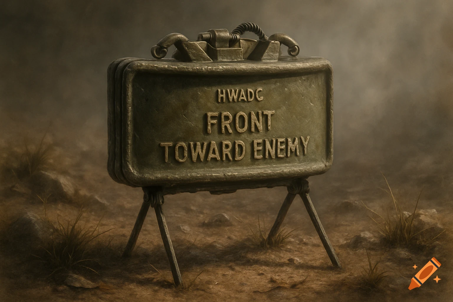 A claymore mine with 'HWADC Front Toward Enemy' inscribed on its side, standing on a barren, dusty battlefield under a hazy sky.