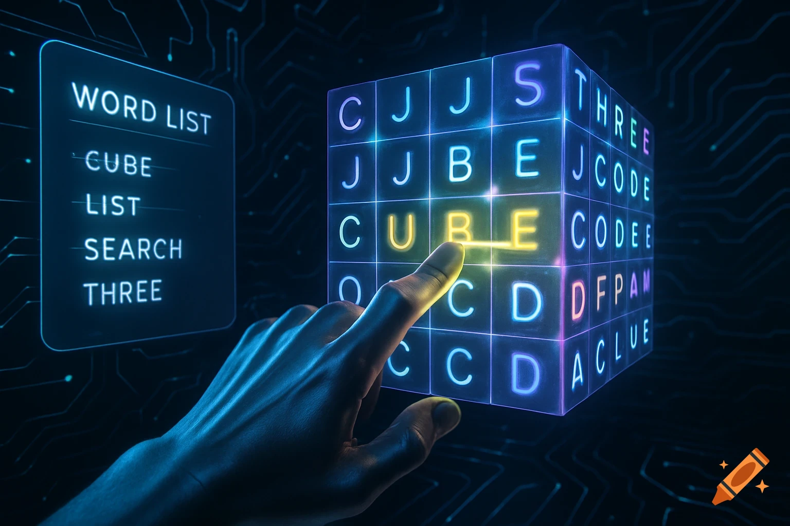 A human hand interacts with a glowing, futuristic 3D word search cube, highlighting the word CUBE. A digital word list is on the left.