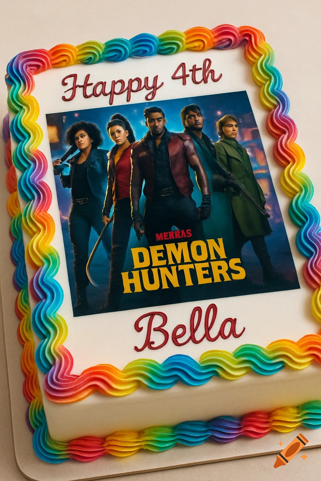 A white sheet cake with rainbow icing swirls around the edges, featuring an edible image of a movie poster for "MERRAS DEMON HUNTERS". "Happy 4th" is written above the poster and "Bella" below it.