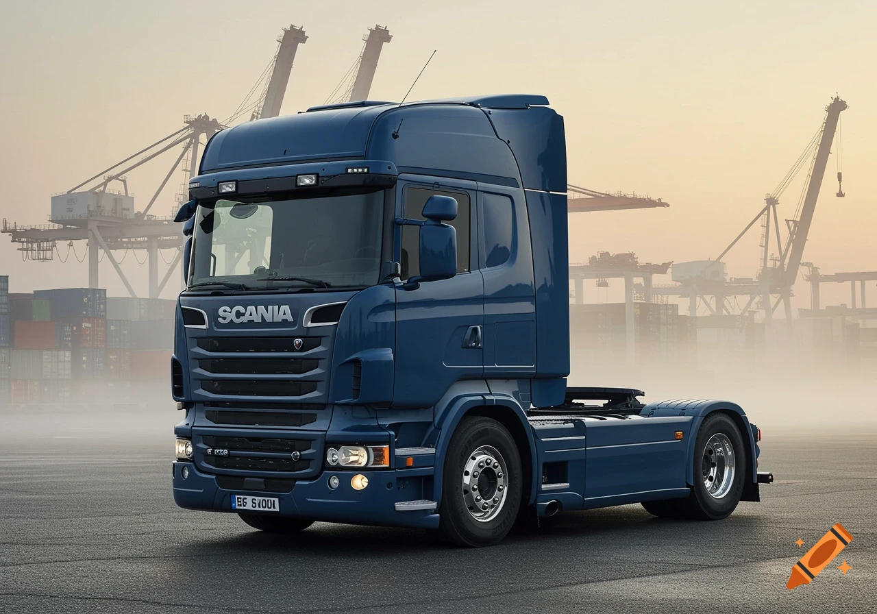 A photorealistic image of a blue Scania semi-truck parked on asphalt, with port cranes and shipping containers in a hazy background at sunset.
