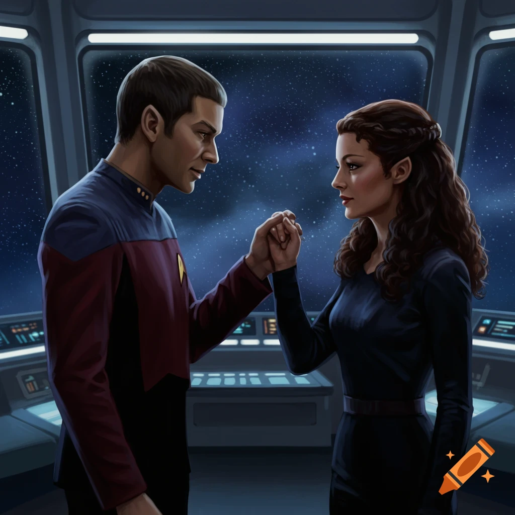 A man in a Starfleet uniform holds hands with a woman with pointed ears, both looking at each other in a spaceship bridge.