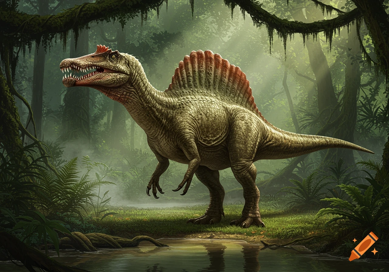 A realistic Spinosaurus stands in a lush, misty prehistoric jungle next to a small pool of water.