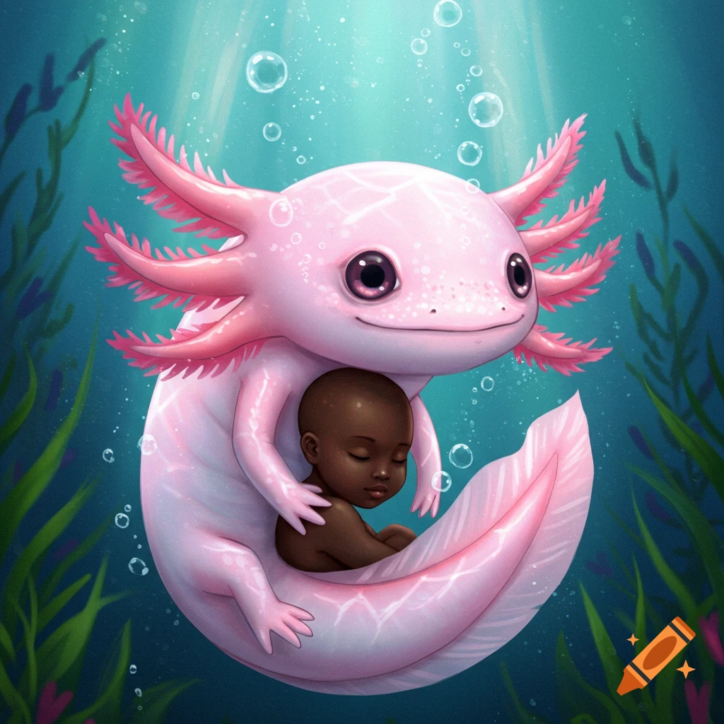 A cute pink axolotl gently holds a sleeping baby underwater, surrounded by bubbles and green plants.