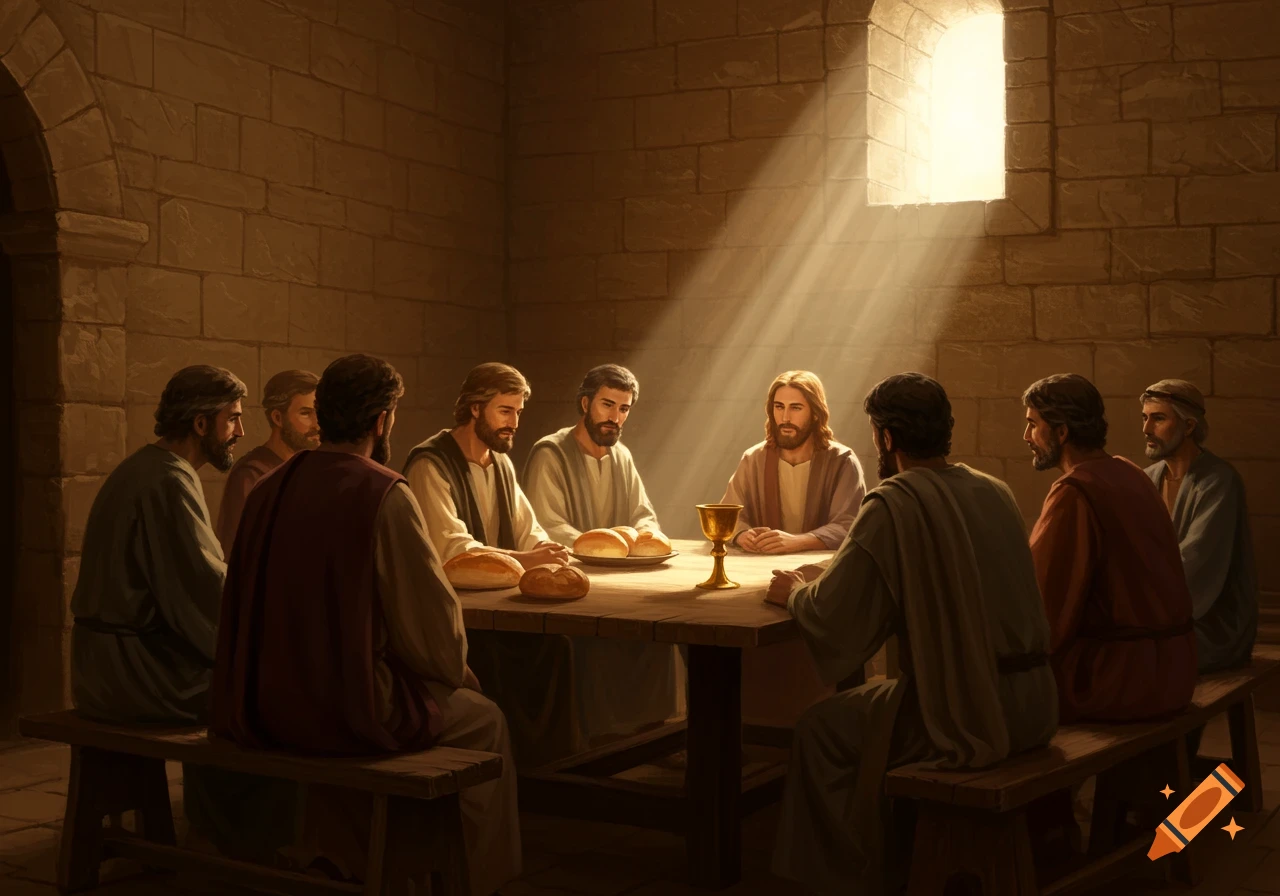 A painting of Jesus and his disciples sitting around a wooden table in a dimly lit room, illuminated by a beam of sunlight.
