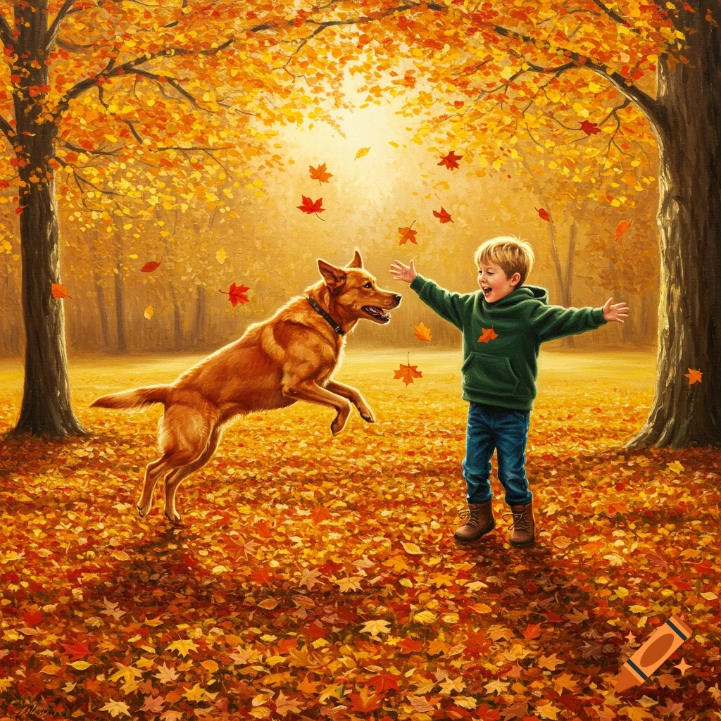 A happy boy with outstretched arms plays with a dog jumping in a vibrant autumn forest filled with fallen orange and red leaves.