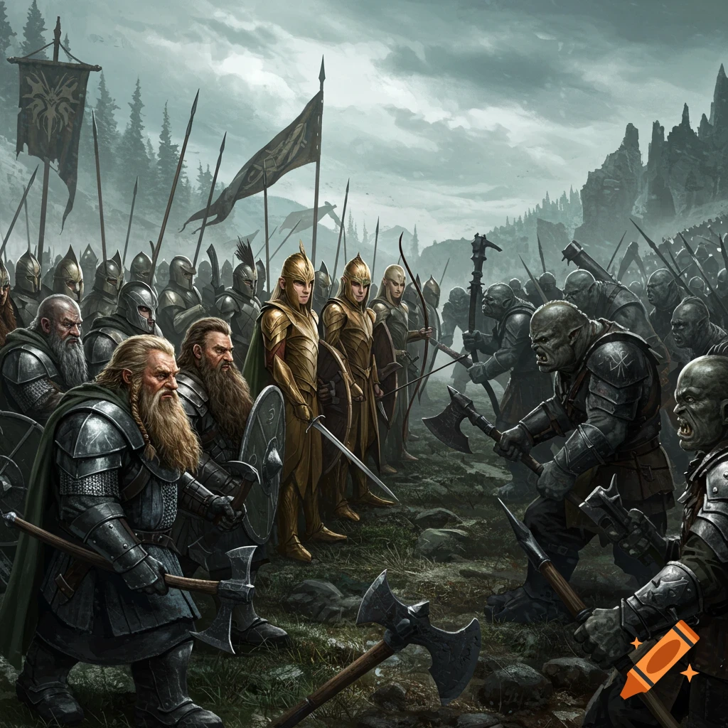 Dwarves, elves, and orcs face each other on a battlefield under a cloudy sky in a detailed fantasy art style.