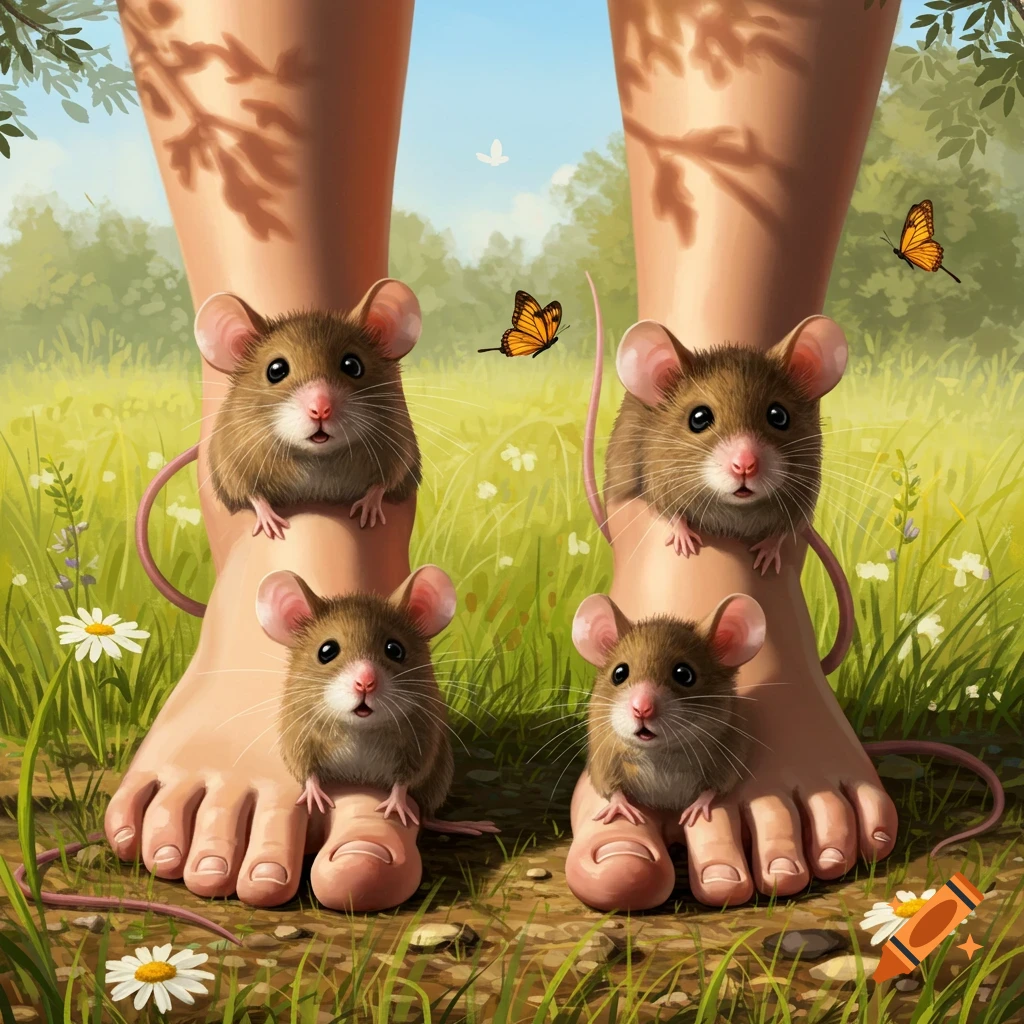 Four cute brown mice perched on and around a pair of bare human feet standing in a sunny grassy field with daisies and butterflies.