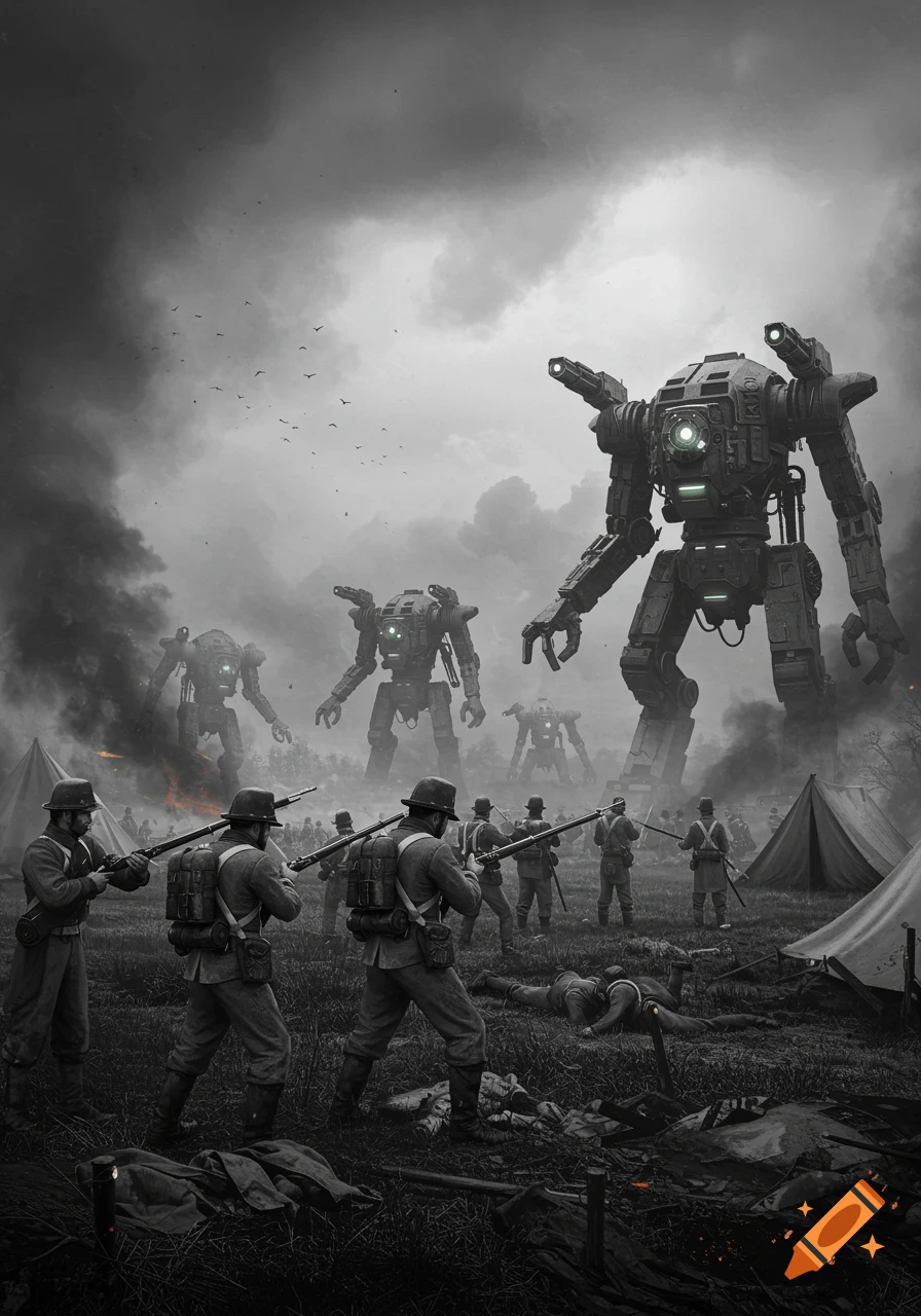 Black and white image of 1870s soldiers with rifles facing giant war robots on a smoky battlefield.