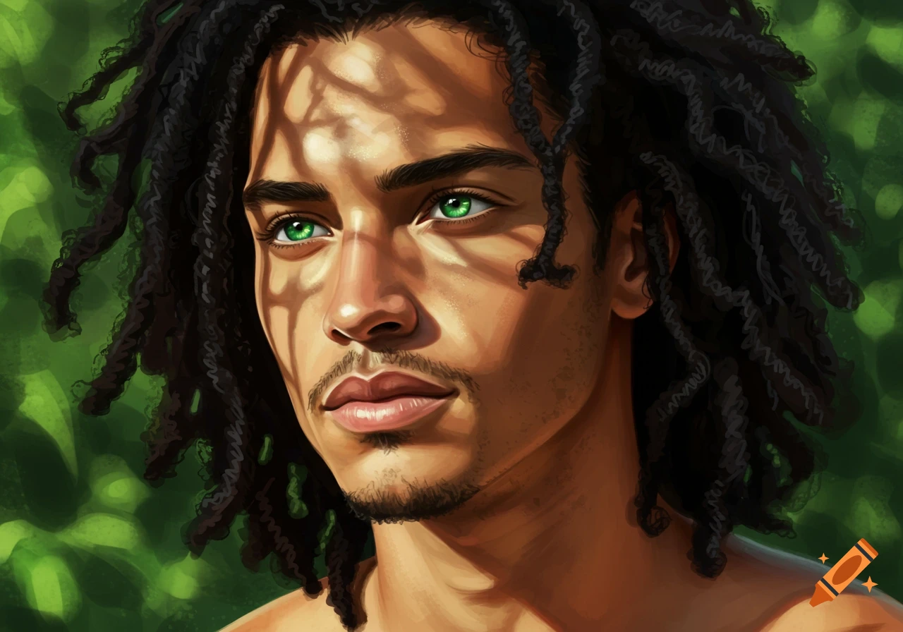 A digital painting of a man with dreadlocks and bright green eyes, lit by dappled sunlight against a green background.