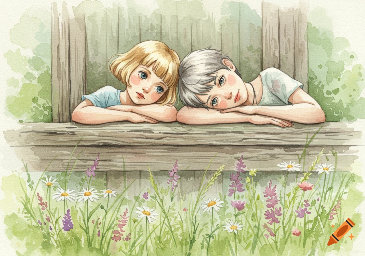 Watercolor illustration of two children with their heads resting on a wooden ledge, looking out over a field of wildflowers.