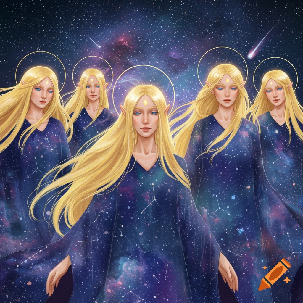 Five blonde women with pointy ears and golden halos wear starry blue robes in a cosmic setting with a shooting star.