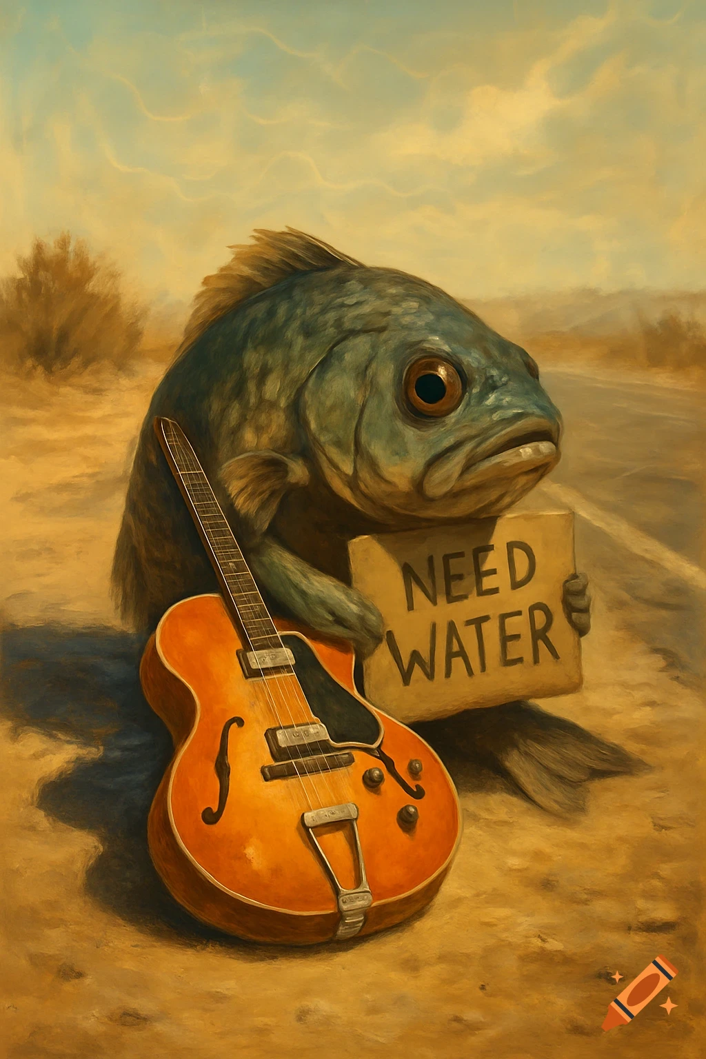 A sad, anthropomorphic fish sits by a desert road, holding a 'NEED WATER' sign, with an orange guitar beside it. Painterly style.