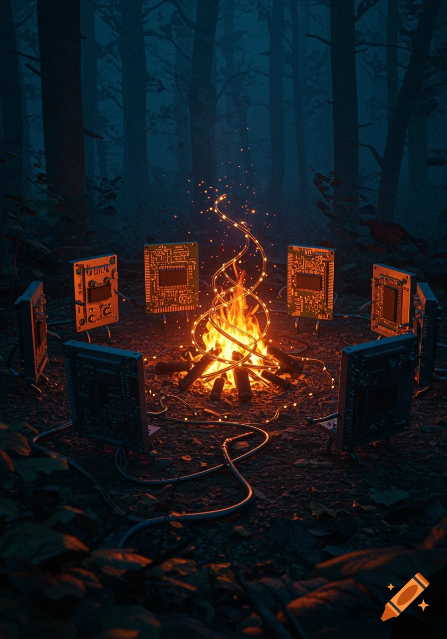 Circuit boards arranged around a glowing campfire in a dark, misty forest, with string lights around the fire.