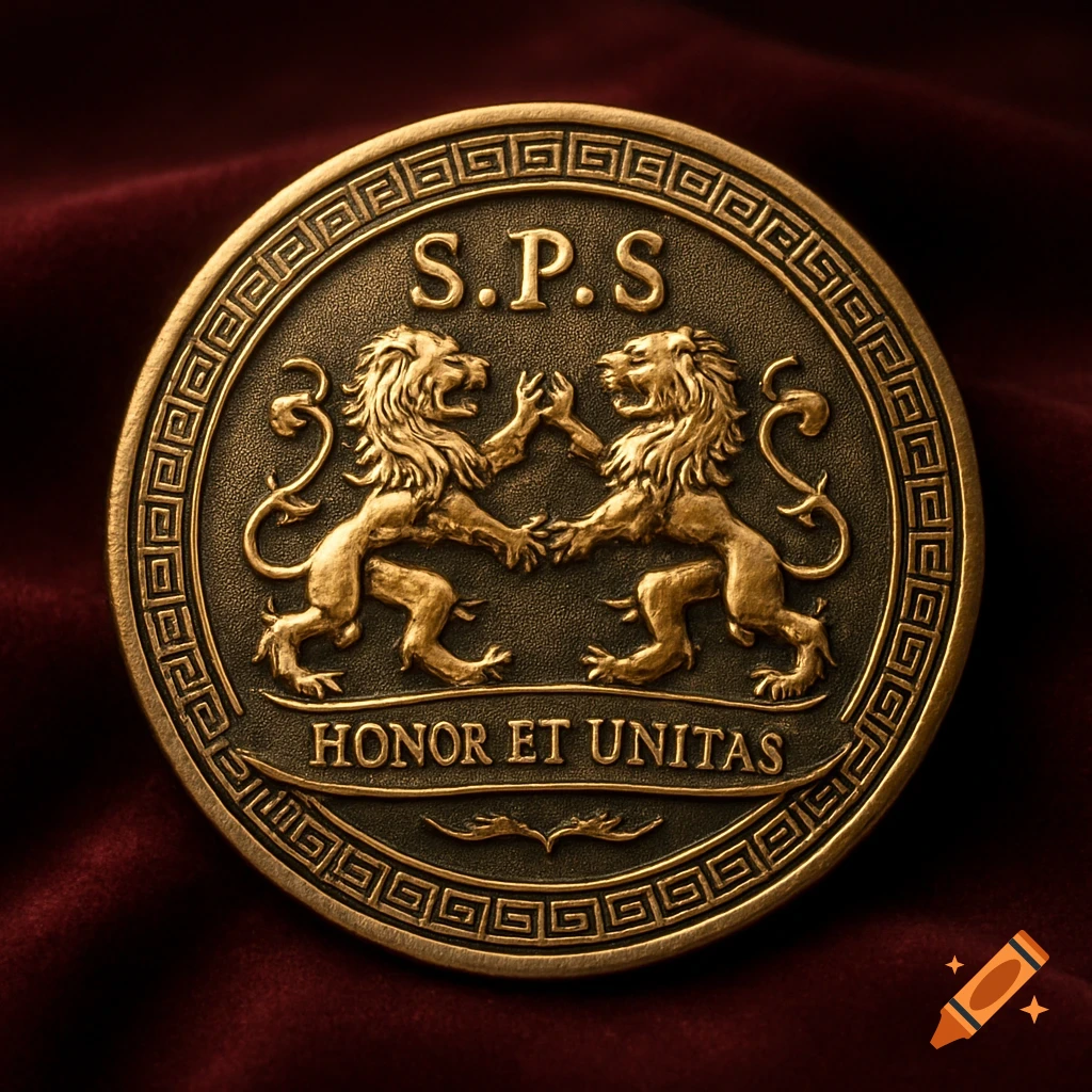 A close-up of a detailed bronze challenge coin featuring two fighting lions, the letters S.P.S., and the phrase 'HONOR ET UNITAS'.