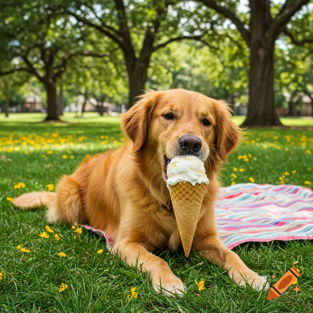 A photorealistic golden retriever lying on green grass with yellow flowers, eating an ice cream cone in a sunny park.