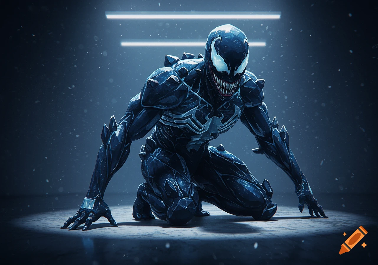 A stylized, dark blue crystalline Venom character crouches in a dynamic pose, illuminated by neon lights in a dark, snowy setting.
