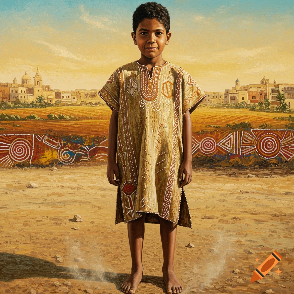 A young boy with dark skin and curly hair stands barefoot in a desert landscape, wearing a patterned, traditional-style tunic. A small town is visible in the background, under a warm-toned sky, in a painted style.