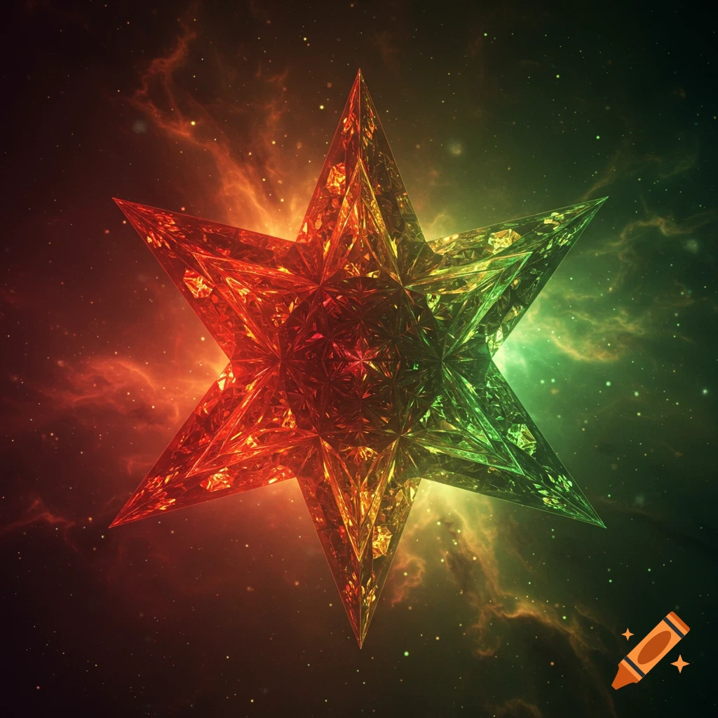 A vibrant, faceted eight-pointed star in red, gold, and green, set against a swirling cosmic nebula.
