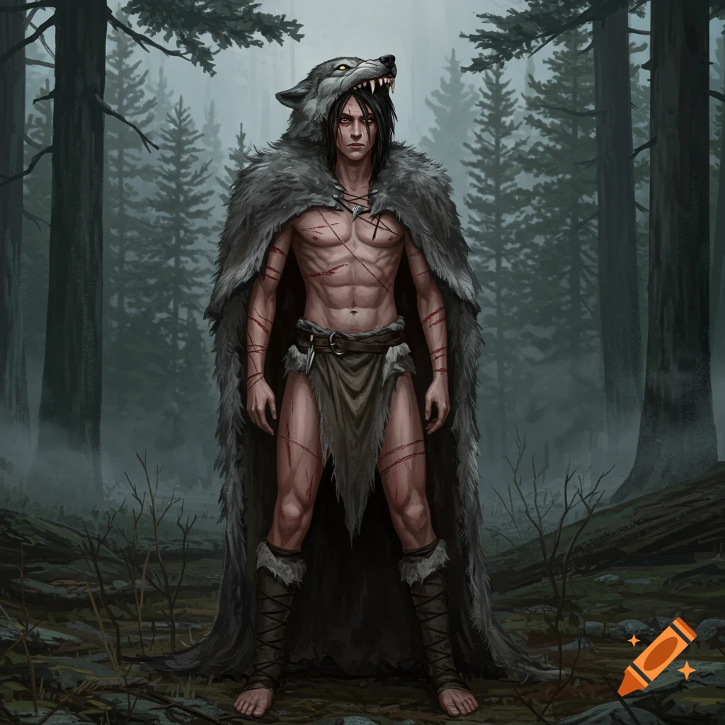 A muscular, scarred man with dark hair wears a wolfskin cloak and loincloth, standing barefoot in a misty forest. Fantasy art style.