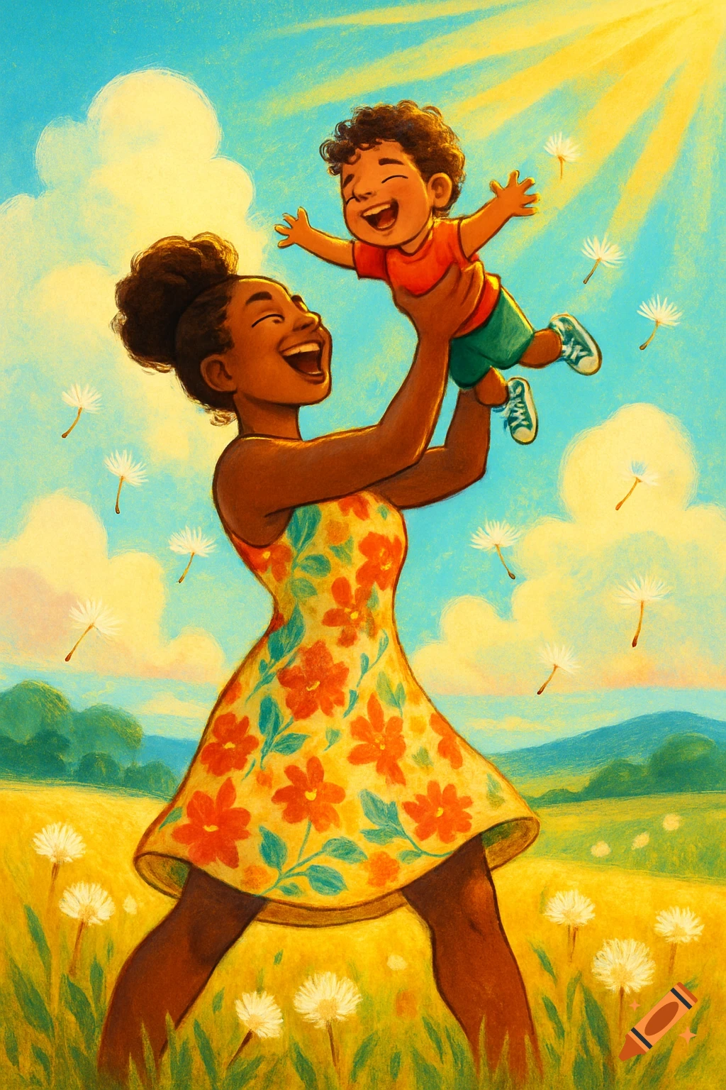 A vibrant illustration of a mother laughing and holding her happy child up high in a sunny field with dandelion seeds.