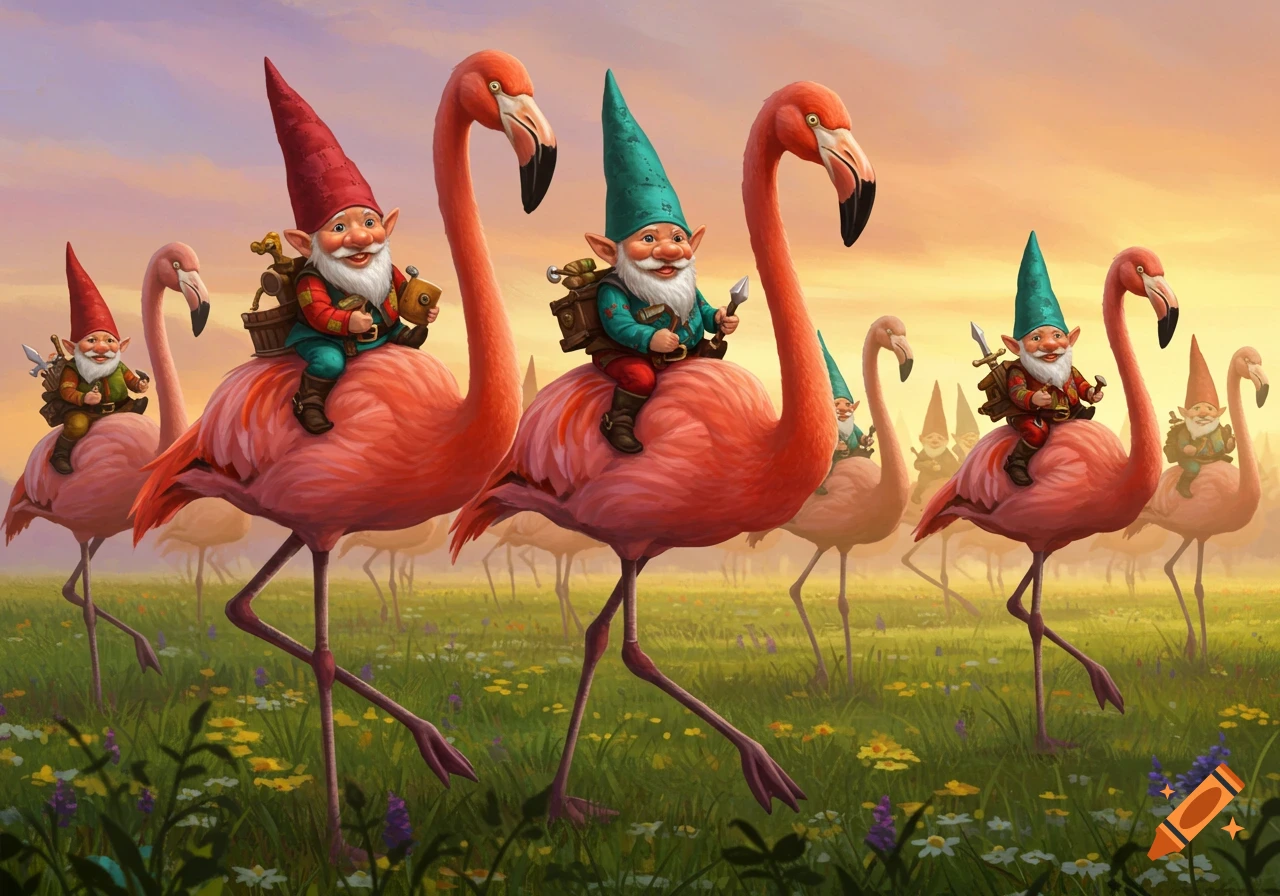 A whimsical illustration of several gnomes with pointy hats riding on the backs of pink flamingos through a grassy field with wildflowers under a sunset sky.