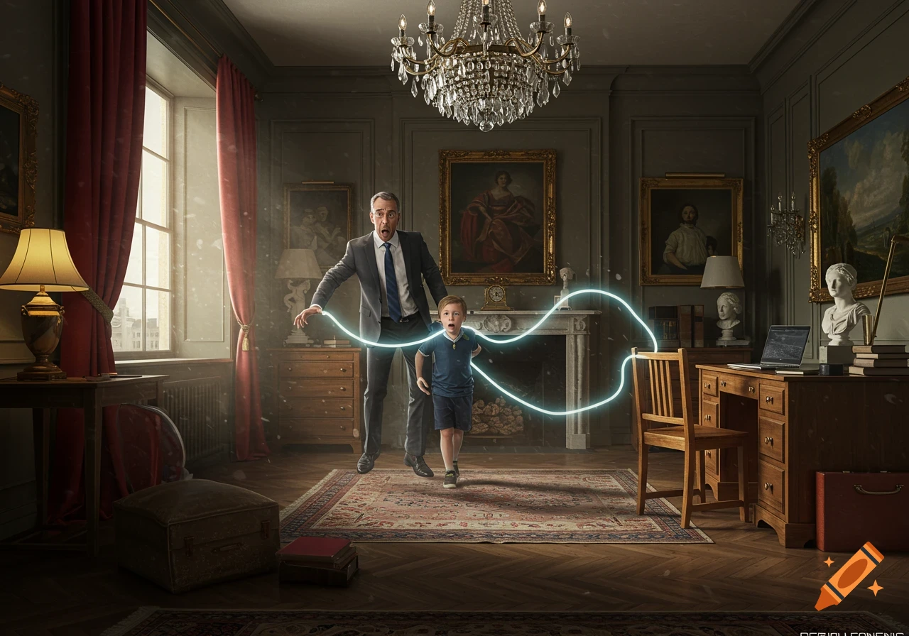 A surprised man and child with a glowing blue cord between them float in a grand, ornate room.
