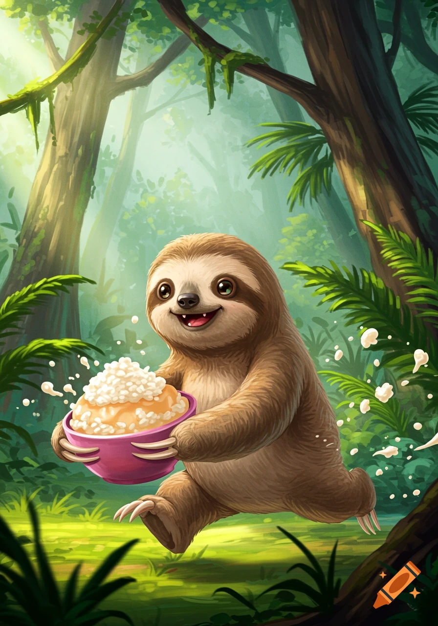 A cute, cartoonish sloth holding a bowl of rice pudding and running through a lush green jungle.