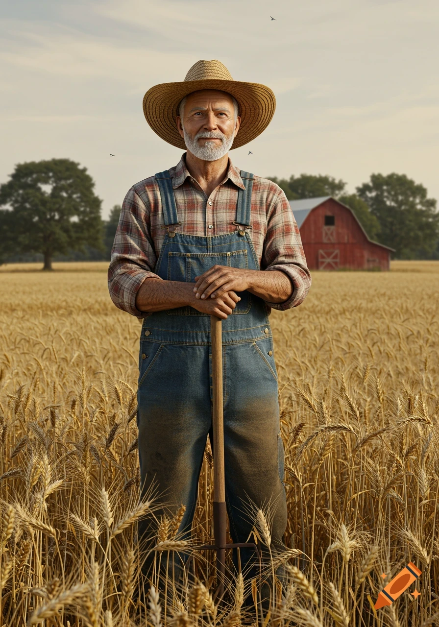 A senior farmer in a straw hat and overalls stands with a pitchfork in a golden wheat field, with a red barn and trees in the background, photorealistic style.