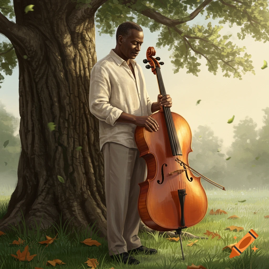 A man stands holding a cello under a large tree in a grassy outdoor scene with fallen leaves.