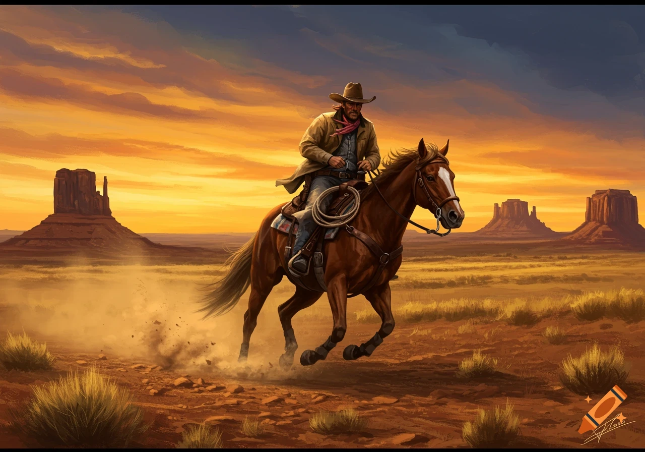 A cowboy rides a horse through a desert landscape with buttes at sunset, kicking up dust.