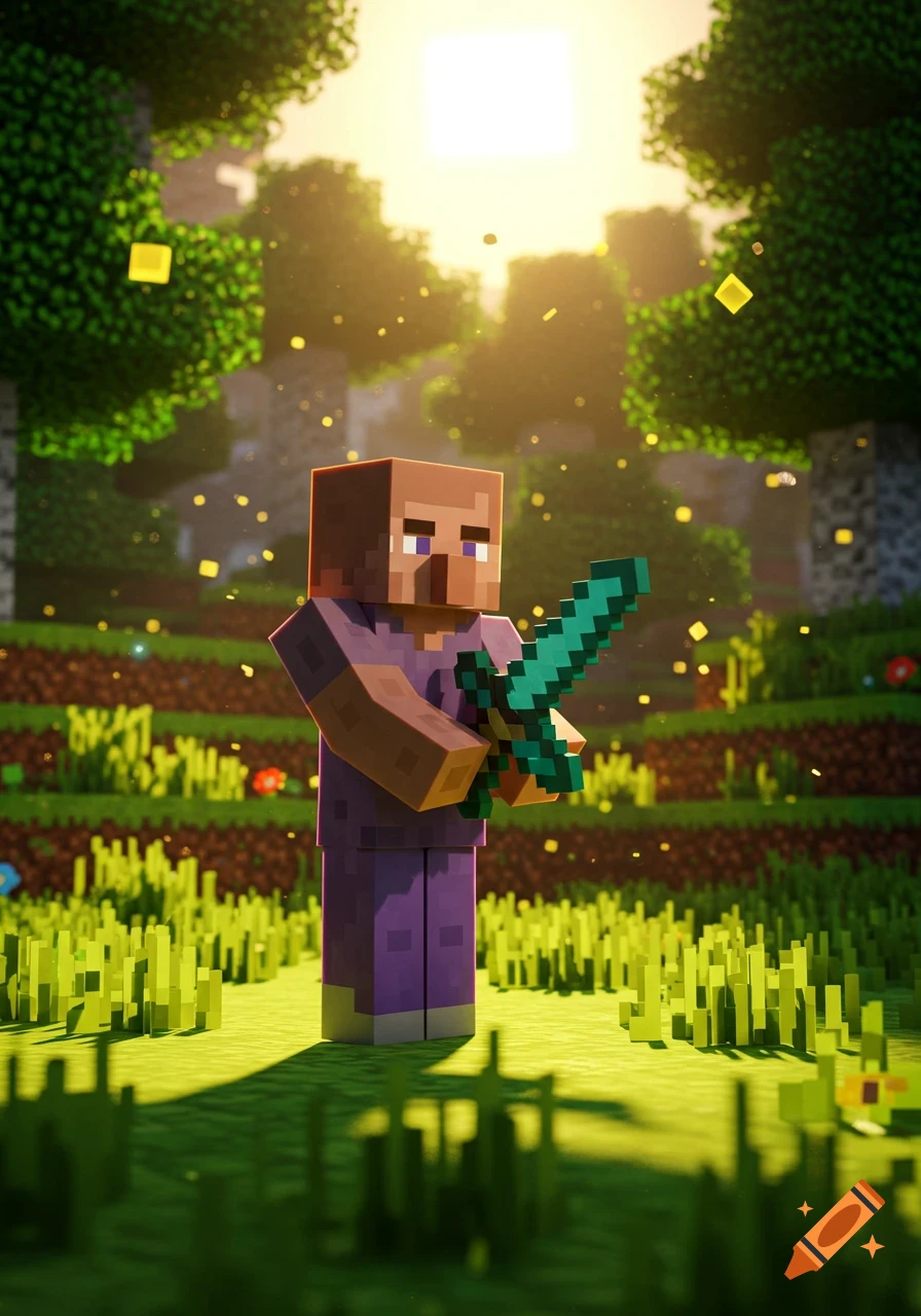 A Minecraft villager holding a diamond sword stands in a lush, sunlit forest.