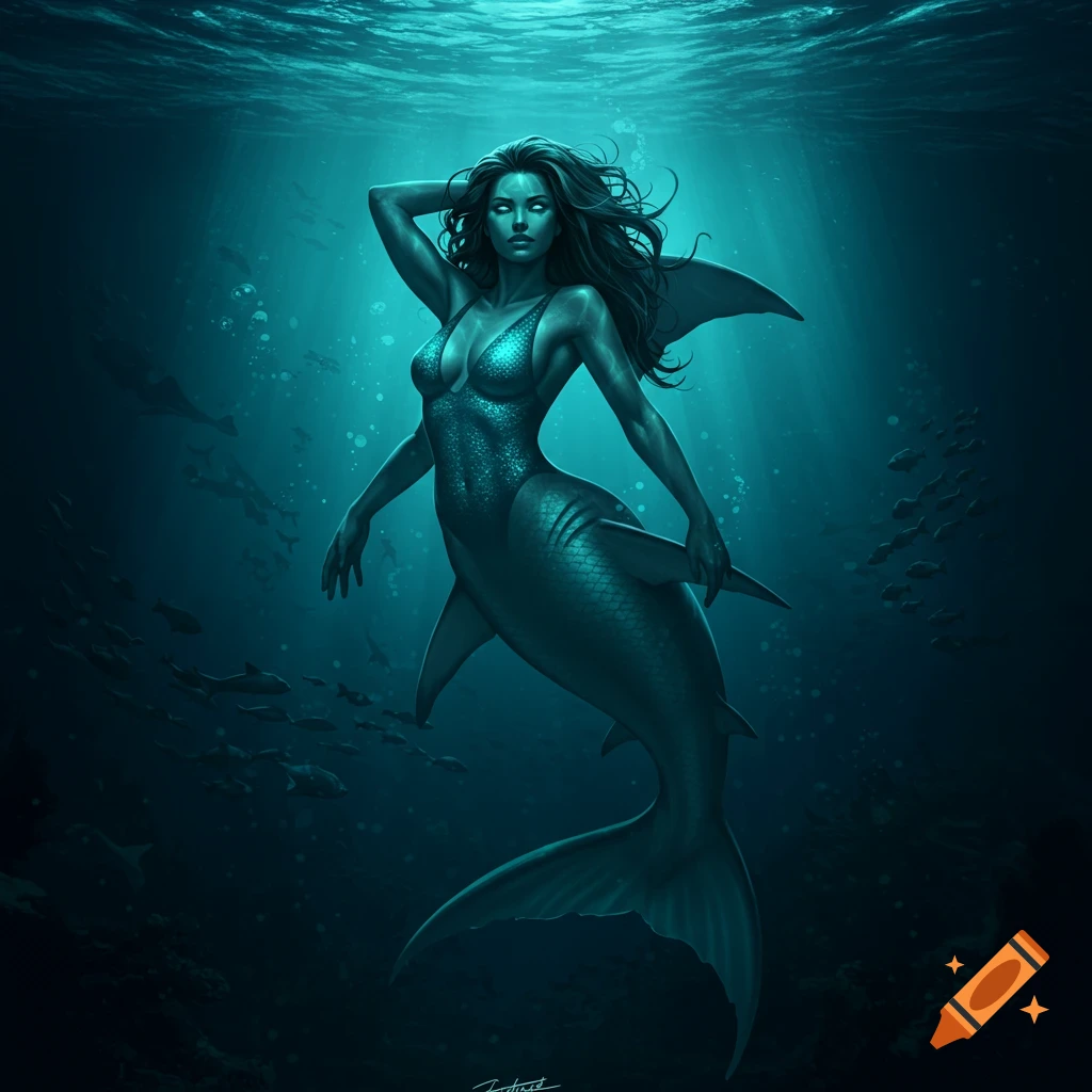 A shark mermaid in a sparkling bikini top swims in deep blue water with schools of fish.