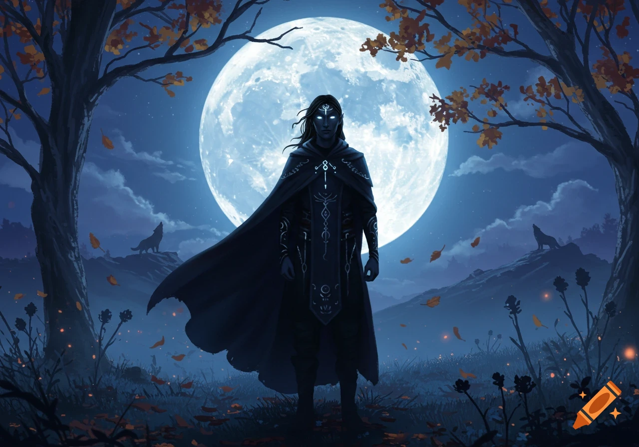 A mysterious figure in a dark cloak with glowing eyes stands under a large full moon in an autumn night forest, with wolves howling in the distance.