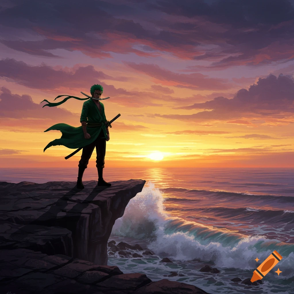 Anime style depiction of Roronoa Zoro standing on a cliff overlooking a vibrant sunset over the ocean.