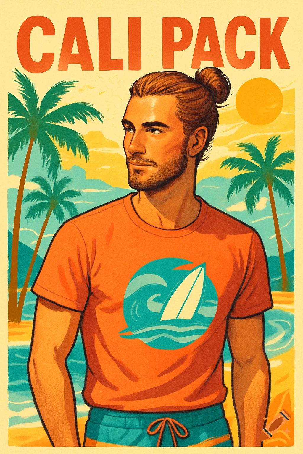 An illustration in vintage poster style shows a man with a man bun and beard on a beach with palm trees, with text "CALI PACK" above.