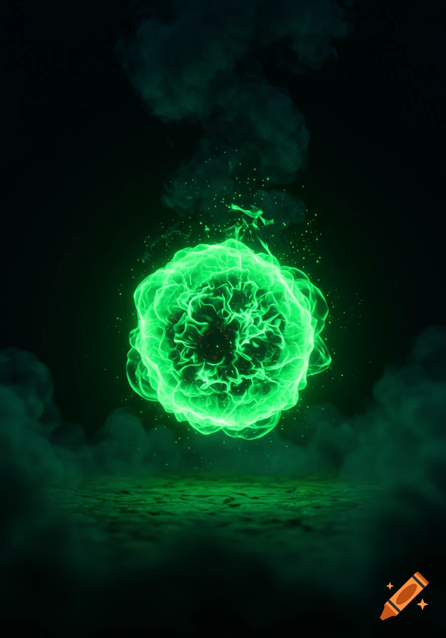 A glowing green energy sphere floats above a textured dark ground, surrounded by green smoke and particles, against a black background.