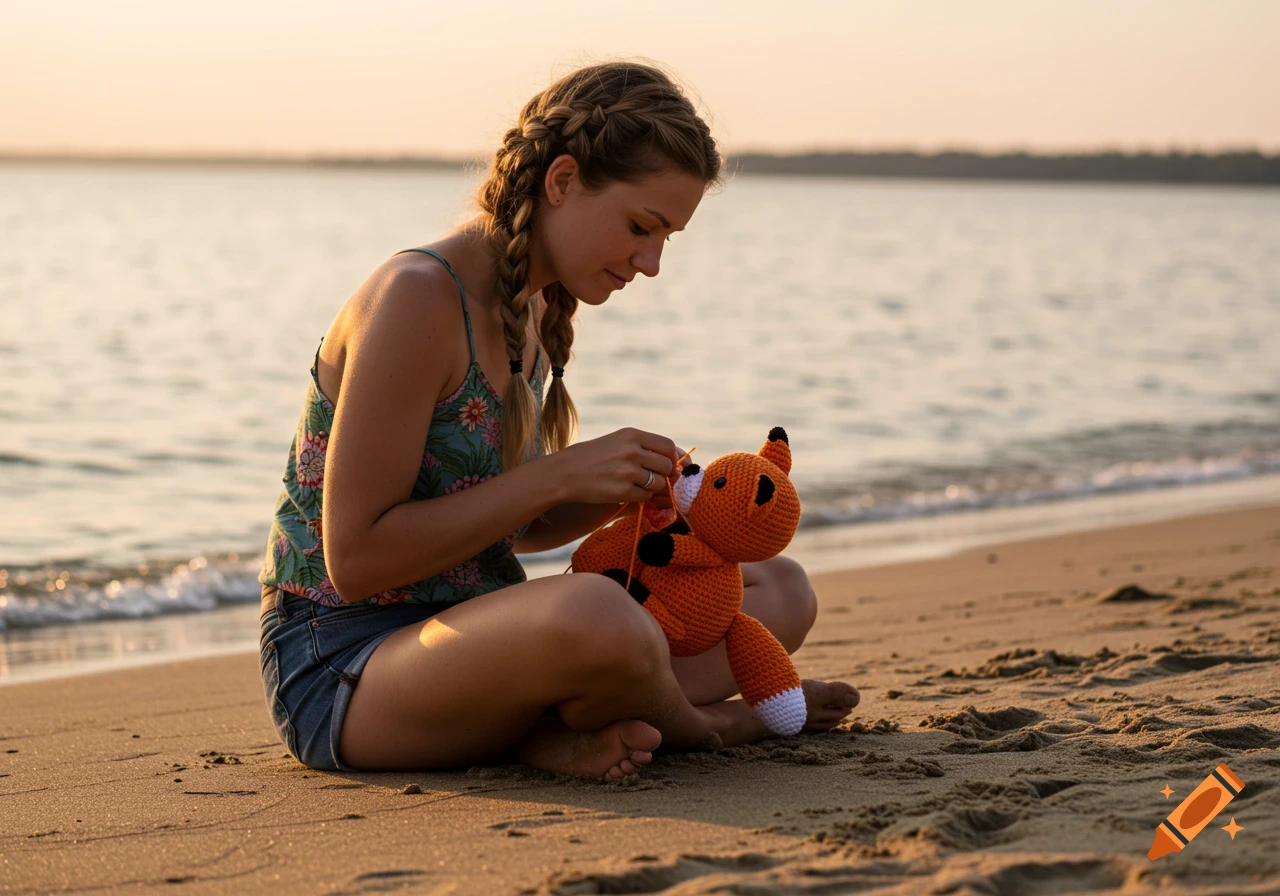 A woman with braided hair sits on a beach at sunset, crocheting an orange fox plush toy.