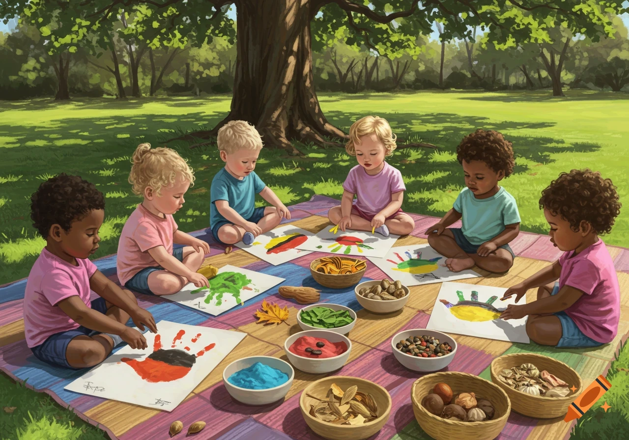 Diverse toddlers engage in an outdoor art activity, sitting on a colorful mat under a tree, creating handprints and decorating with natural materials.