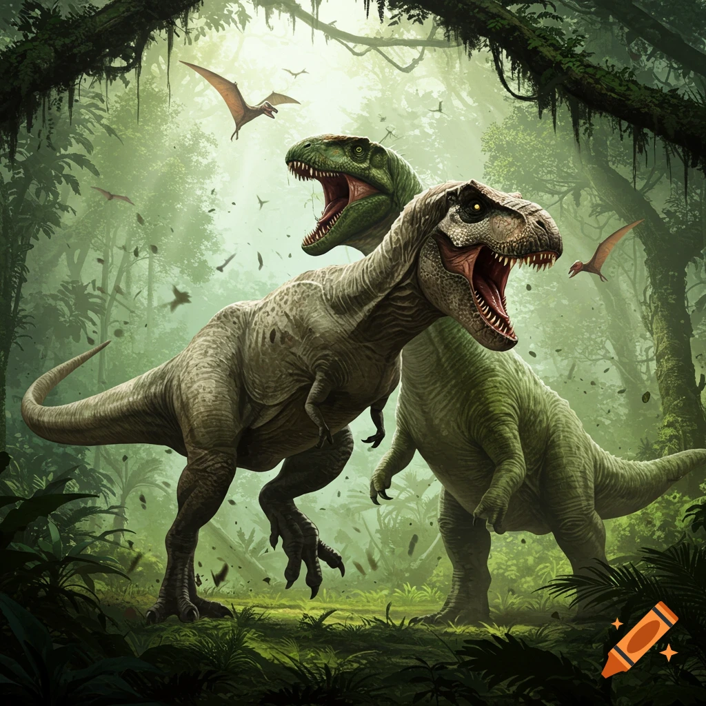 Two powerful T-Rex dinosaurs roaring fiercely in a lush, ancient jungle with flying pterosaurs.
