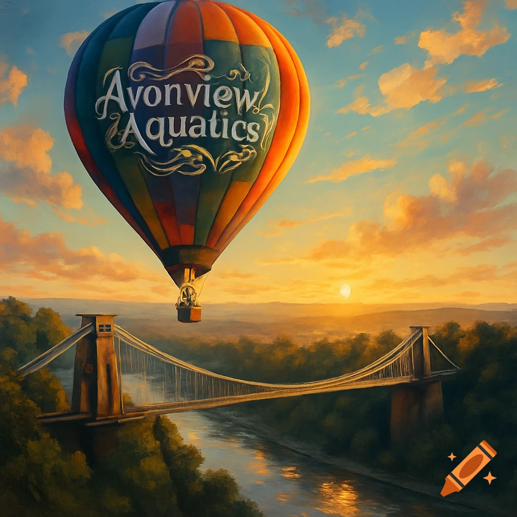 A hot air balloon with 'Avonview Aquatics' written on it floats over a suspension bridge and river at sunset, with a golden sky.
