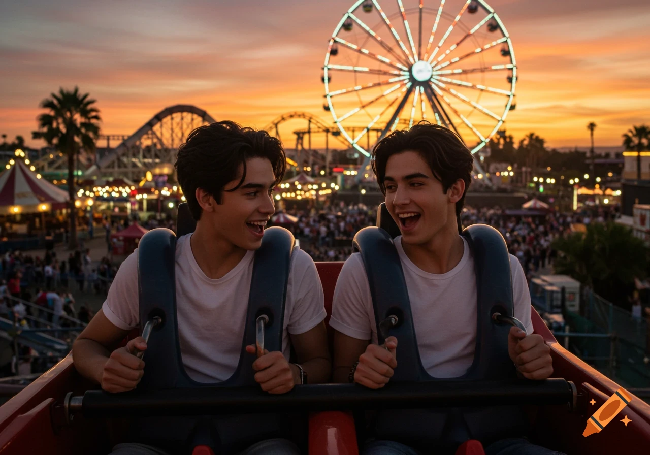 Two young men in white t-shirts on a rollercoaster at a theme park, with a Ferris wheel and sunset sky in the background.