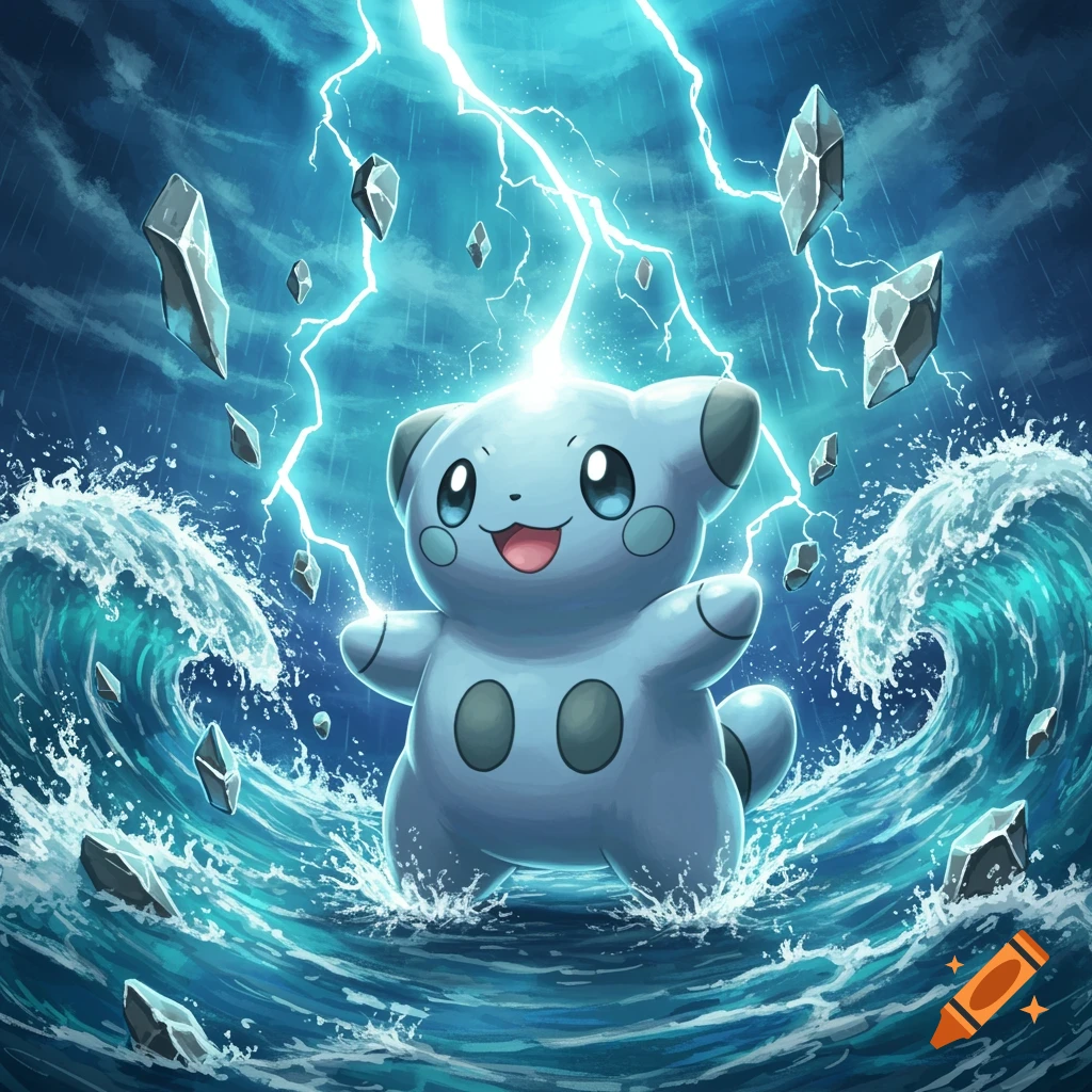 A happy light blue pokemon in turbulent water with lightning and floating grey rocks under a stormy sky, illustration.