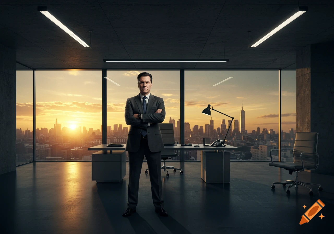 A man in a suit stands with crossed arms in a modern office, overlooking a city skyline at sunset.