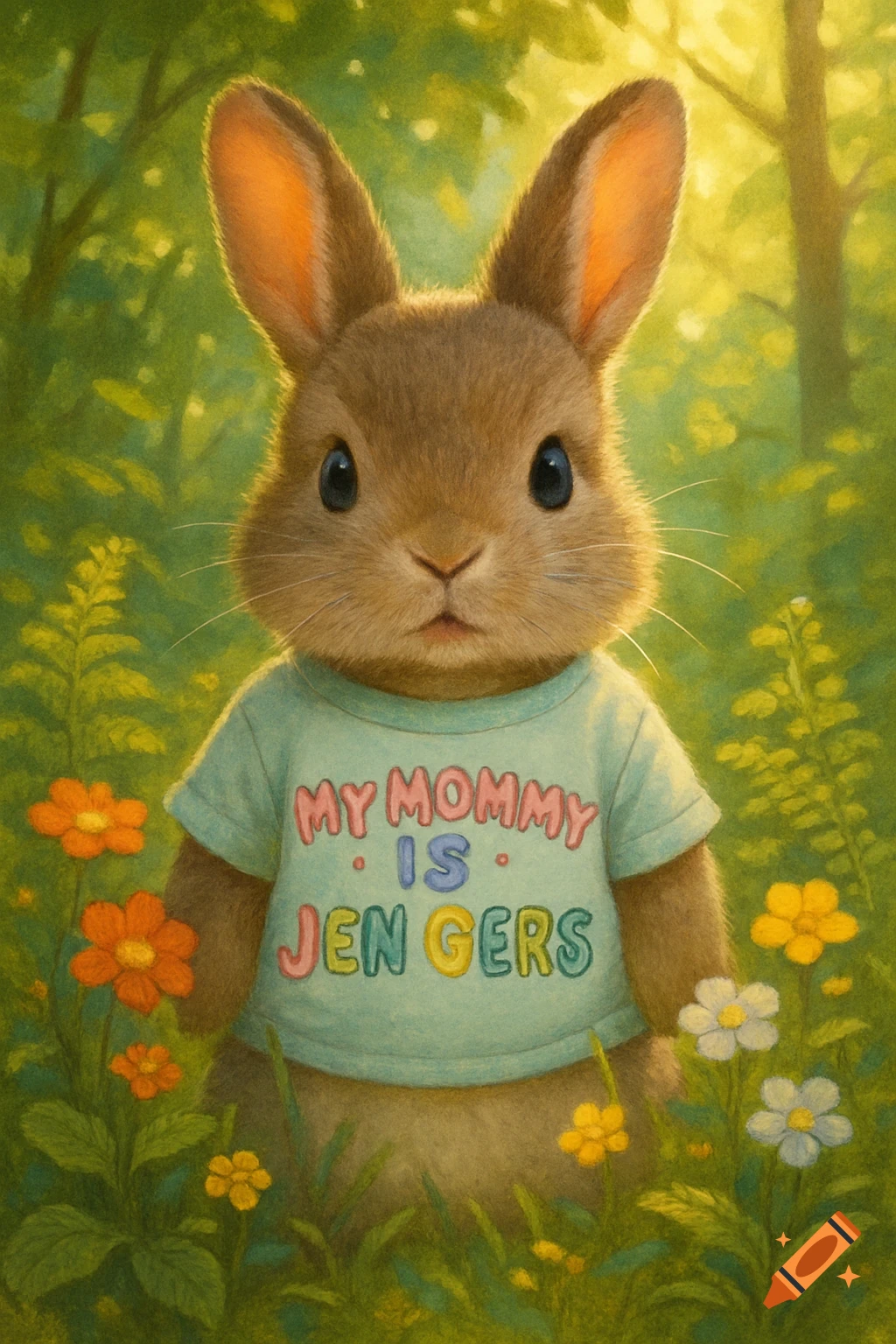 A cute brown bunny wearing a light blue t-shirt that says 'MY MOMMY IS JEN GERS', standing in a field of green plants and colorful flowers.