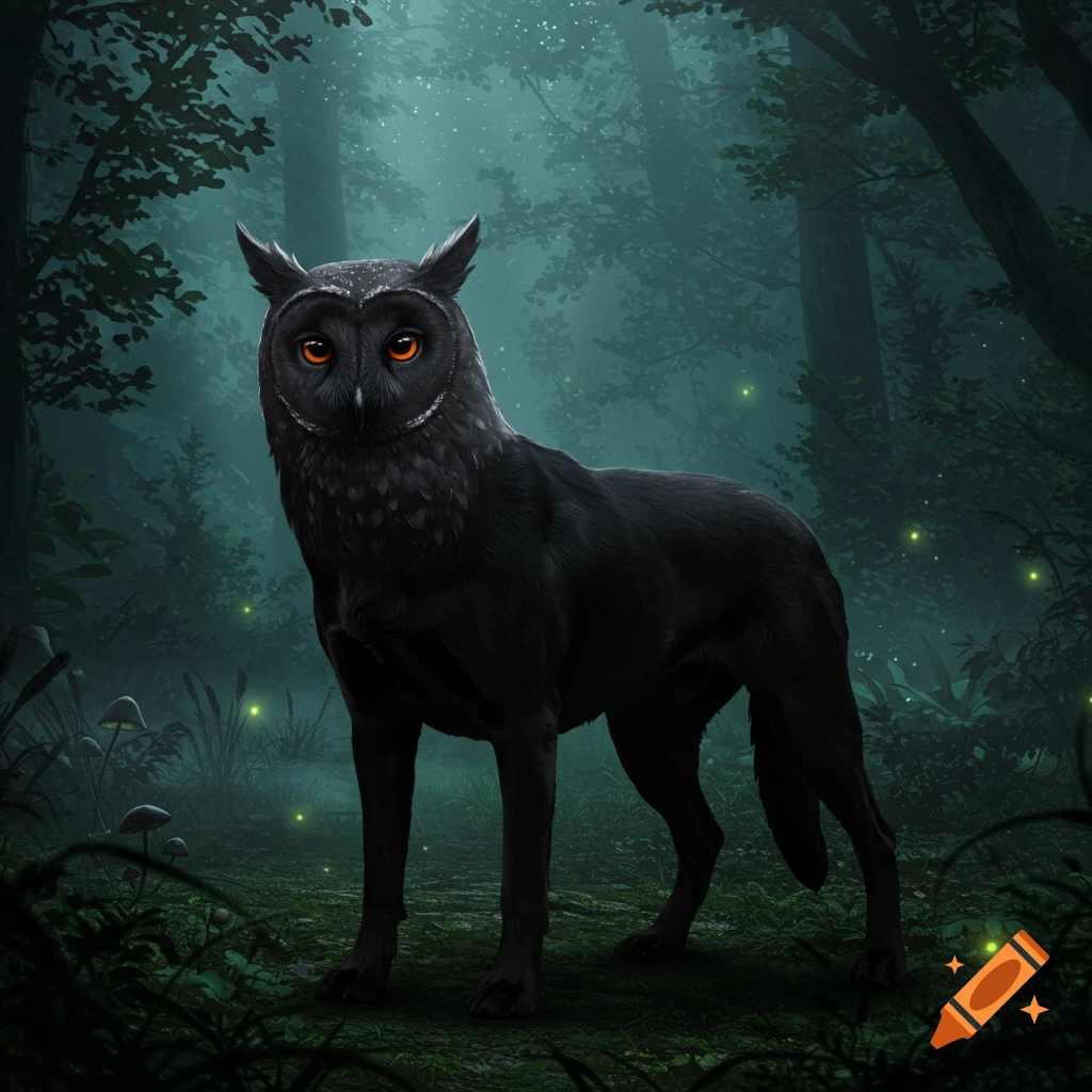 A dark, mystical image of a black dog with an owl head standing in a forest with glowing fireflies.