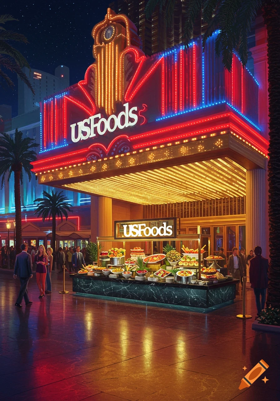 A vibrant night scene of a large building with 'USFoods' neon signs, featuring a lavish buffet display outside on a city street.
