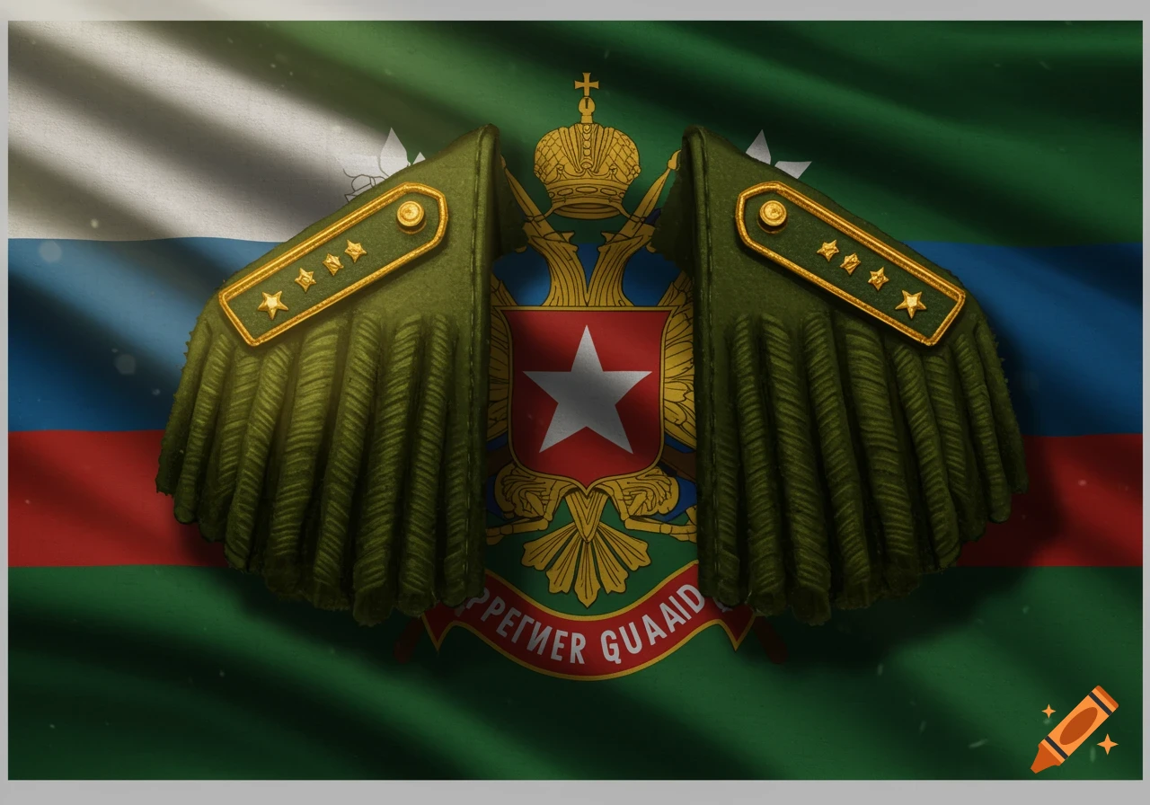 Two green military epaulets with four gold stars are centered over a heraldic shield with a white star, set against a green, white, blue, and red waving flag.