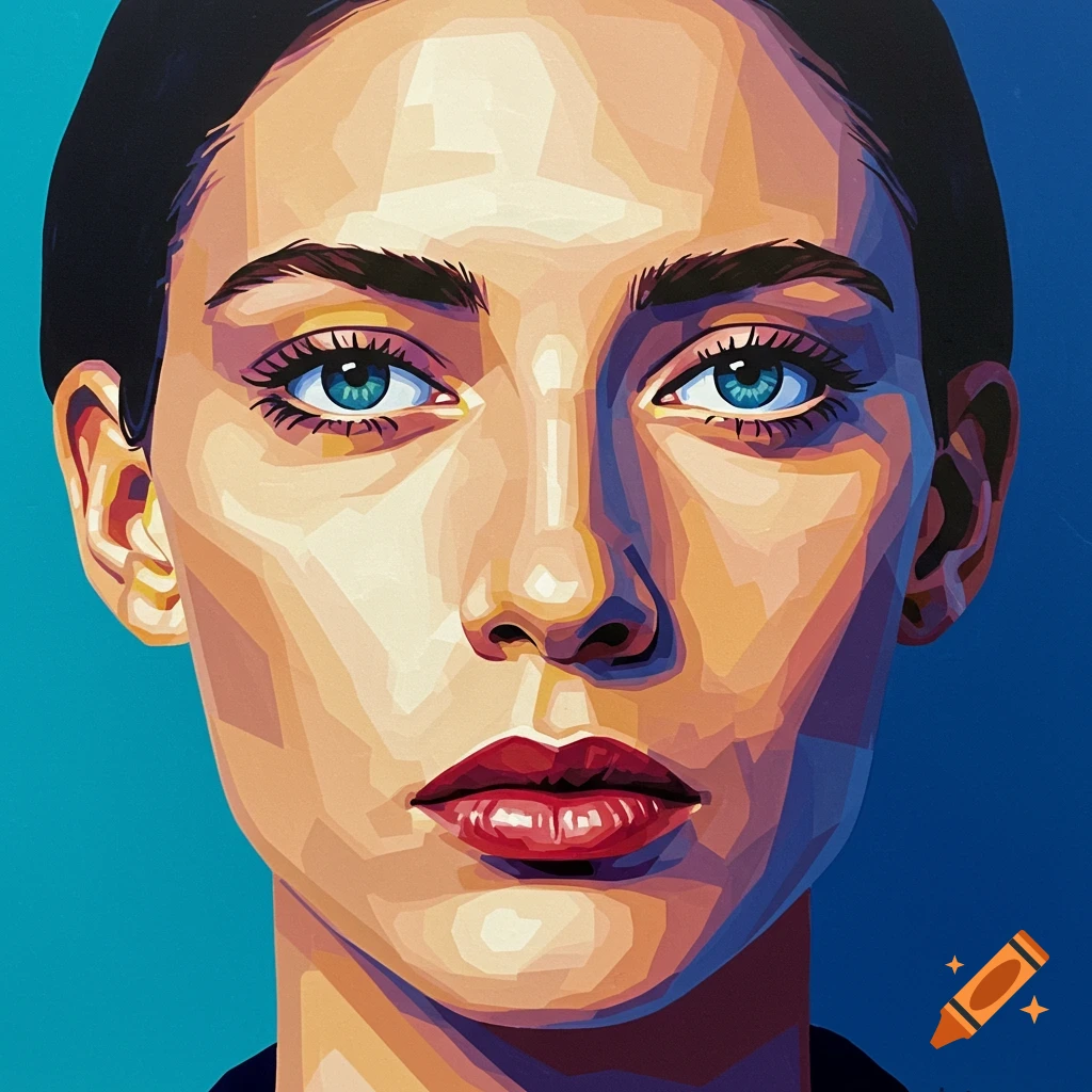 Close-up stylized portrait of a woman's face with vibrant colors, flat planes, and blue eyes, in a Pop Art style.