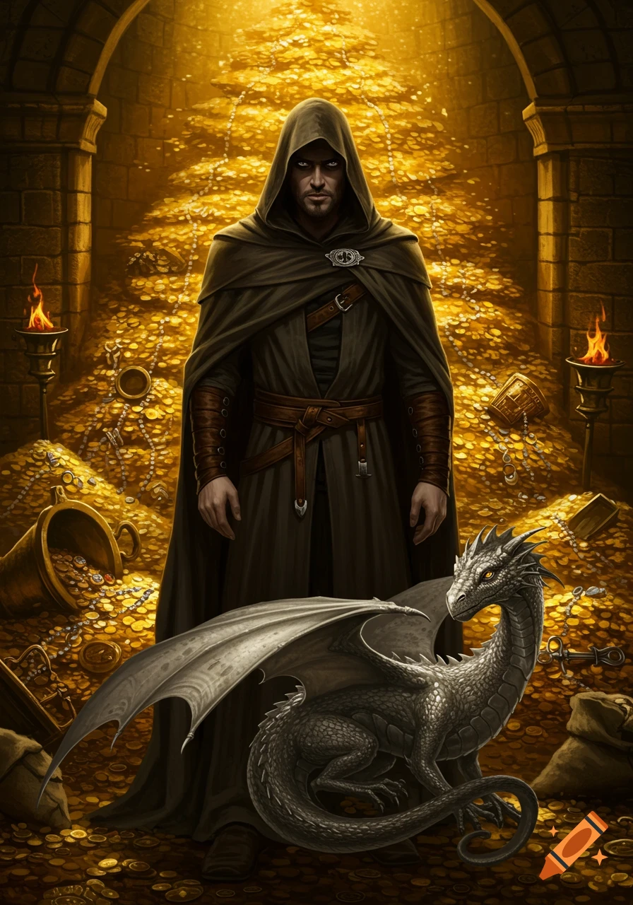 Mysterious hooded man in a dark vault filled with gold, with a small grey dragon at his feet, in a fantasy art style.
