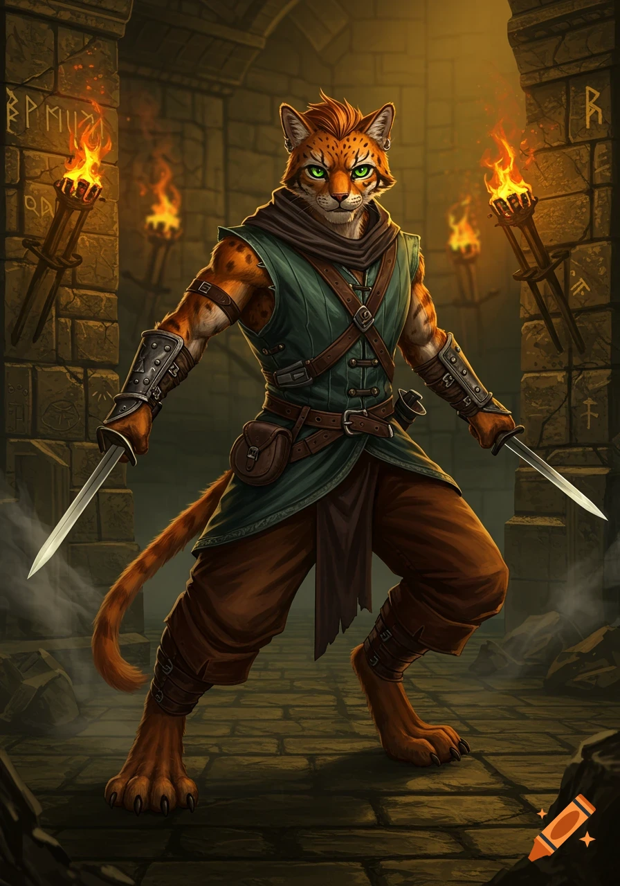 An orange furred Tabaxi rogue with two daggers stands in a torchlit dungeon.